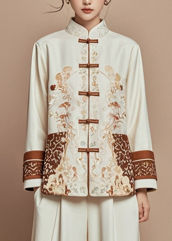 Beige Print Stand Collar Fall Coats