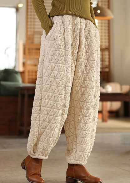 Beige Pockets High Waist Cotton Filled Pants Spring