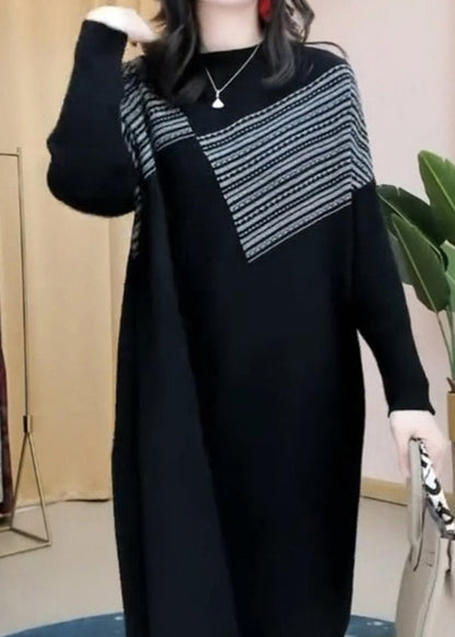 Black O-neck Striped Patchwork Thick Knit Mid Dress Long Sleeve