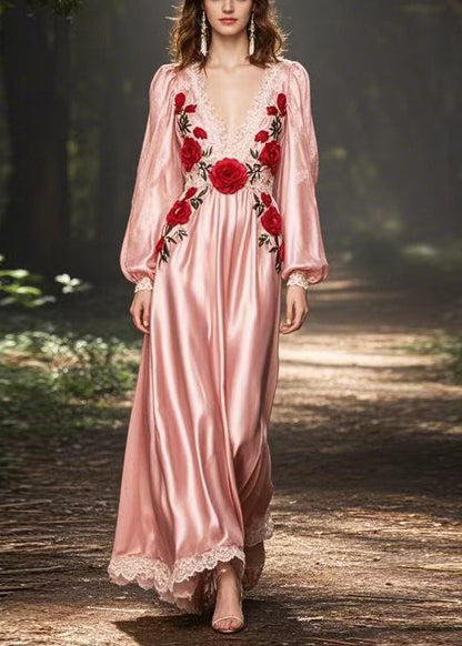 Novelty Pink V Neck Patchwork Silk Long Dress Spring