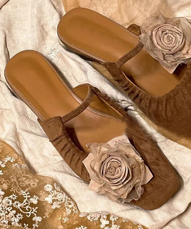 Brown Slide Sandals Splicing Wrinkled
