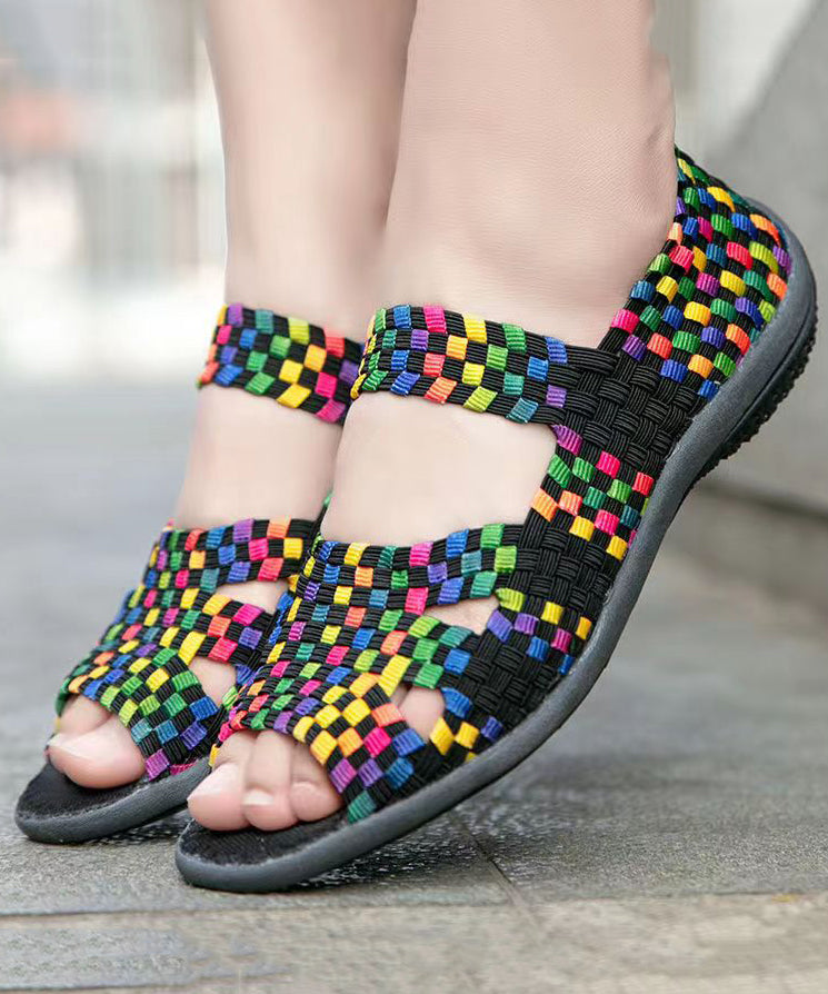 Knit Fabric Flat Shoes for Purple Splicing Peep Toe Soofairy Shoes-20251