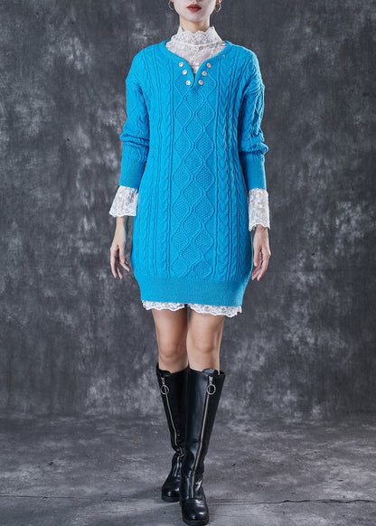 Blue V Neck Cable Knitted Dress Two Piece Set Winter