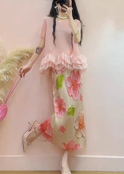 Pink Ruffled Patchwork Jacquard Silk Two Pieces Set Summer