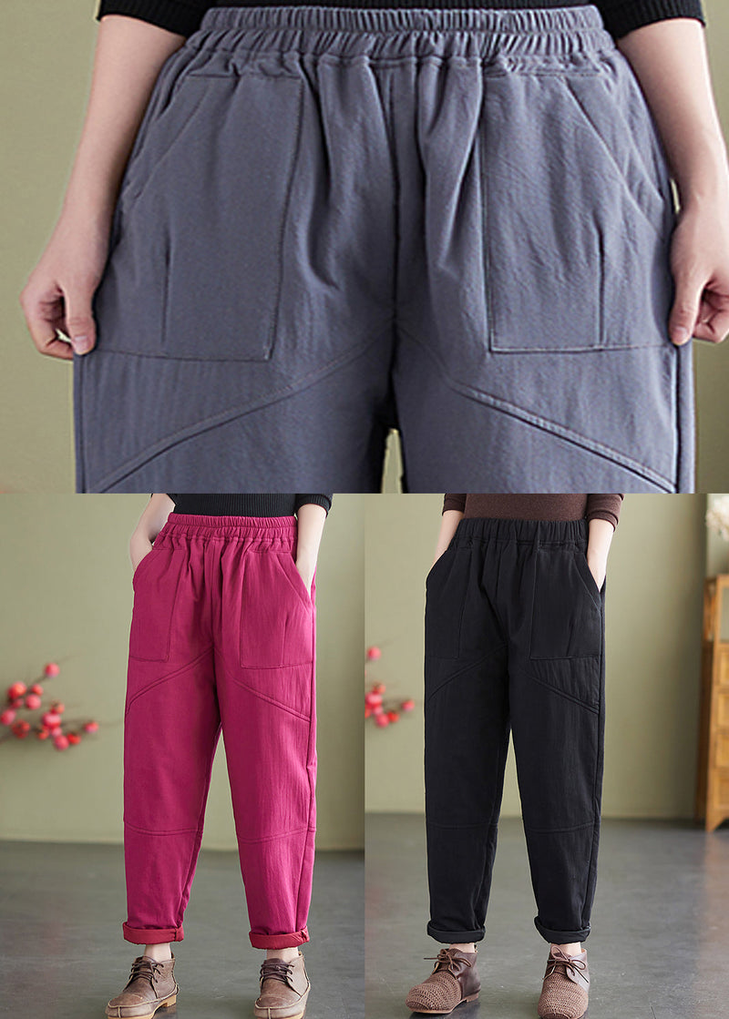 Boutique Black Elastic Waist Fine Cotton Filled Pants Winter