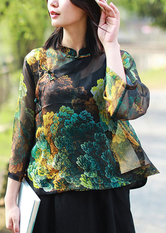 Photo Color Stand Collar Print Button Tulle Shirt Bracelet Sleeve