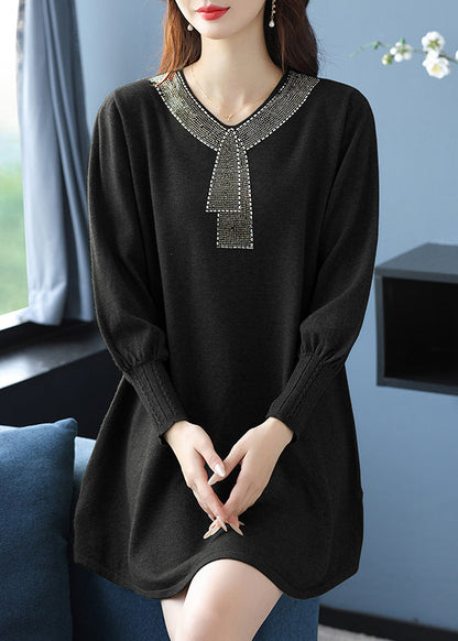 Tea Green V Neck Zircon Woolen Sweater Dress Winter