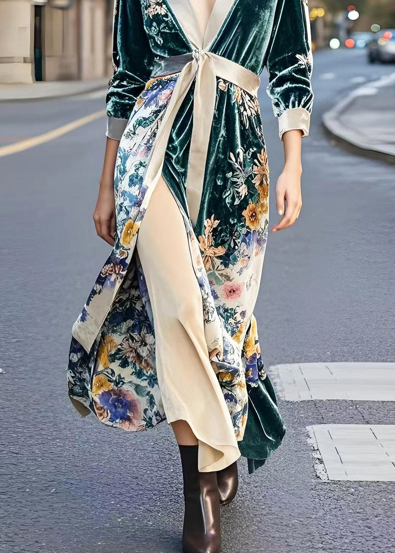 Peacock Green Cinched Print Side Open Silk Velour Dresses Spring