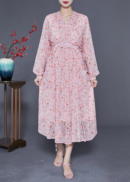 Pink V Neck Cinched Print Chiffon Beach Dress Summer