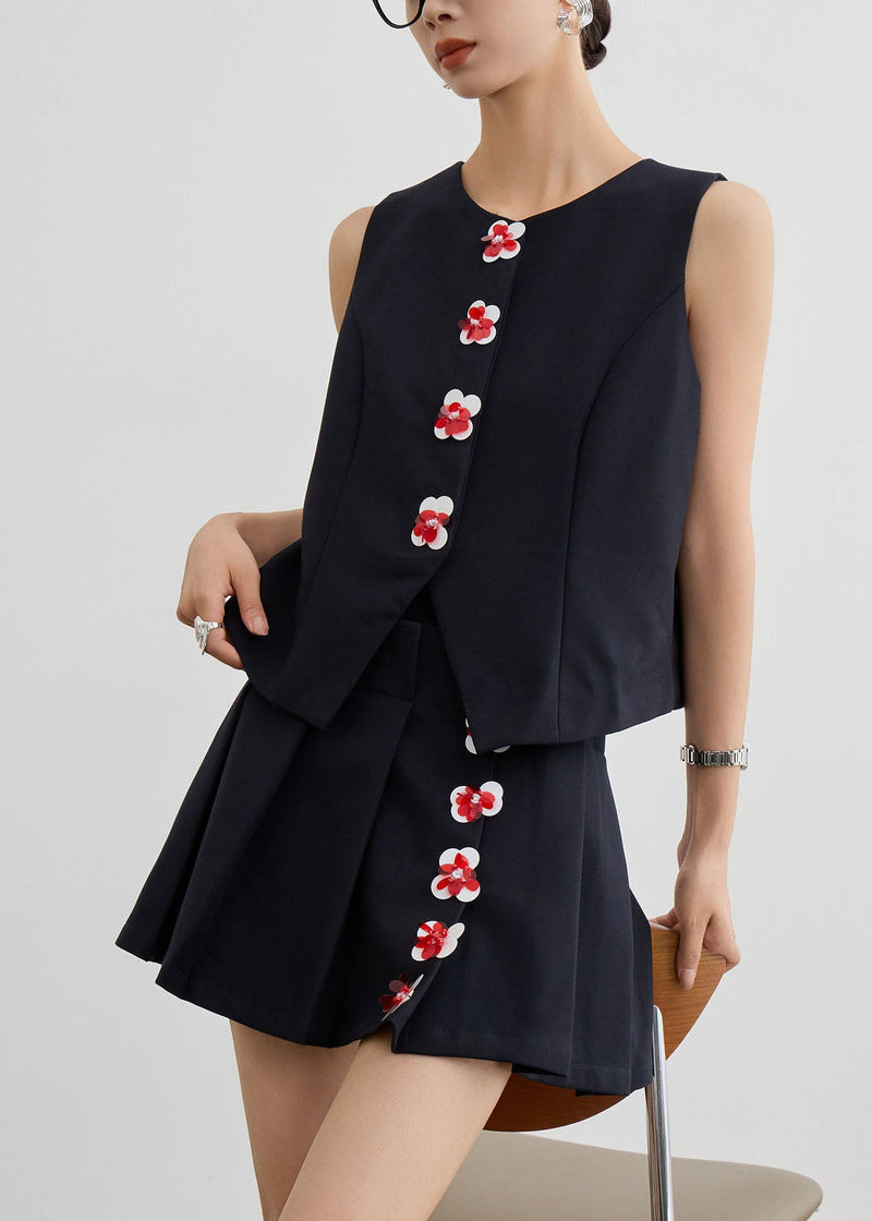 New Black O Neck Vest and Skirts Two Pieces Set Summer