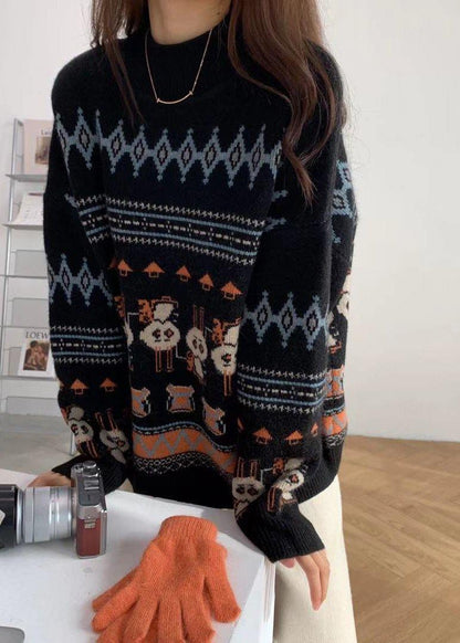 Black Rabbit Pattern Knit Sweat Tops High Neck Sweater Tops