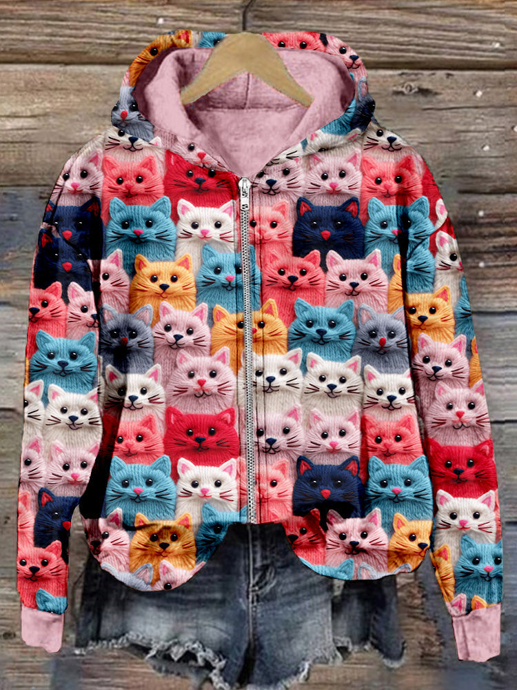 Colorful Cute Cats Embroidered Zip Up Comfy Hoodie elevenforest