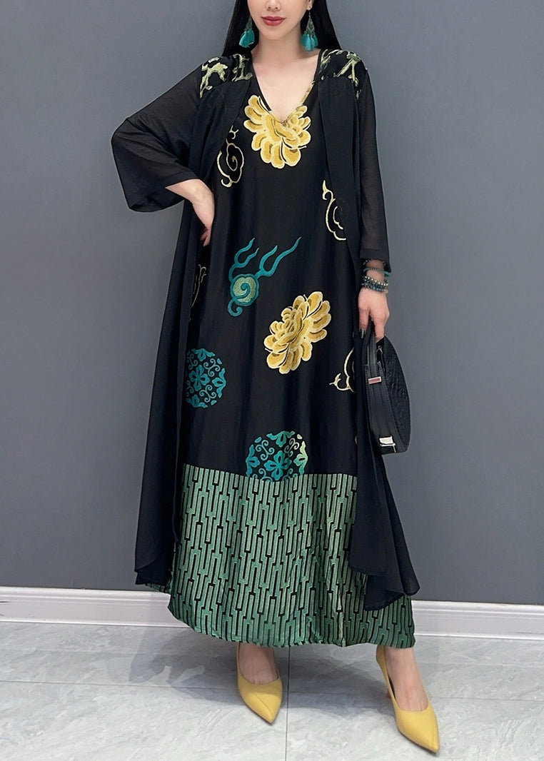 Loose Black V Neck Fake Two Piece Printed Dress for Summer