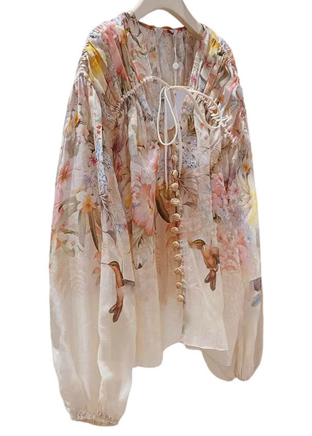 Print Wrinkled Tie Linen Shirts Spring