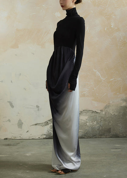Black Hign Neck Wrinkled Patchwork Cotton Dress Fall