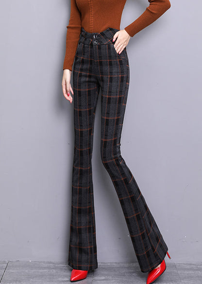 Red Plaid Button Zippered Woolen Bell Bottomed Trousers Spring