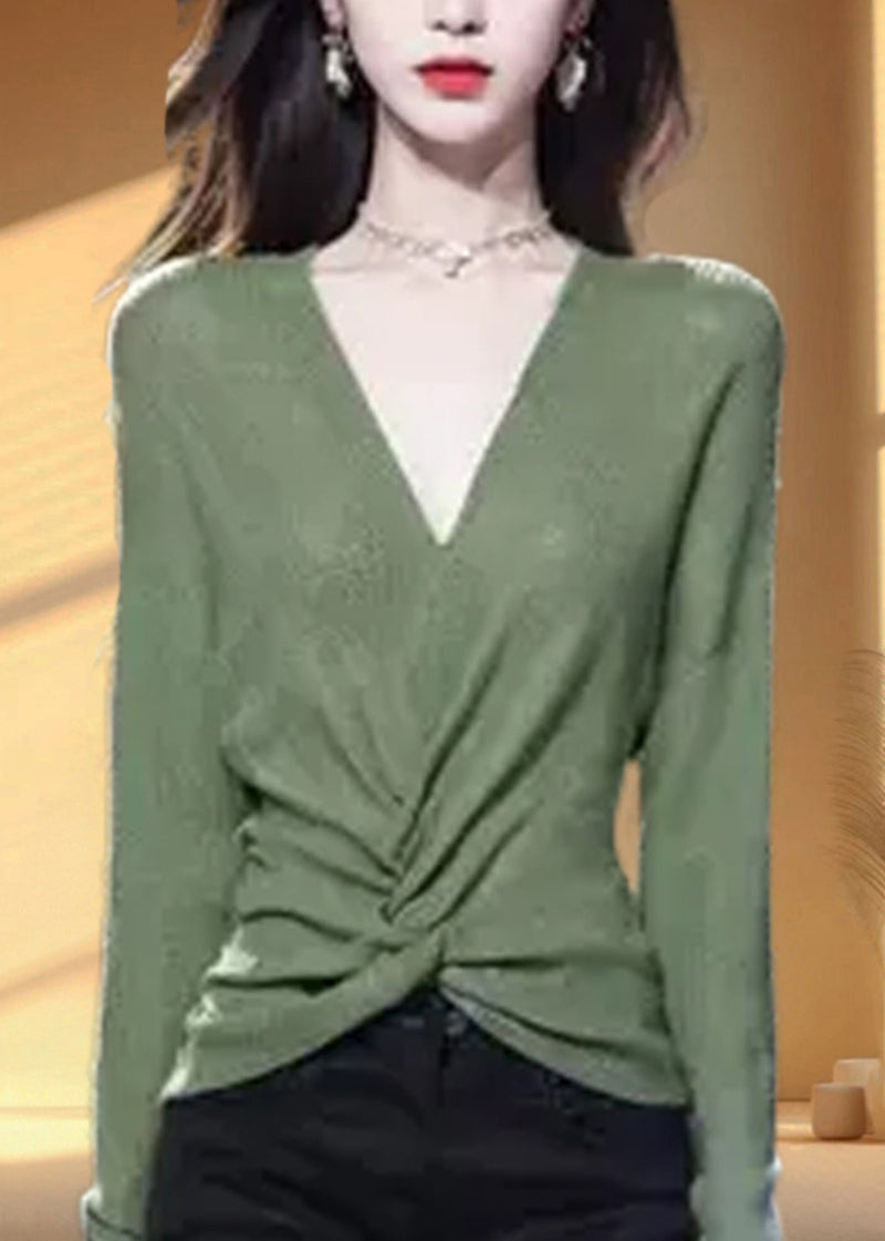 Simple Green V Neck Cozy Knit Sweater Fall