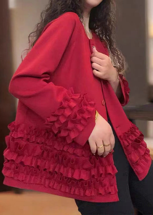 Red Ruffled Oversized Cotton Coats Fall