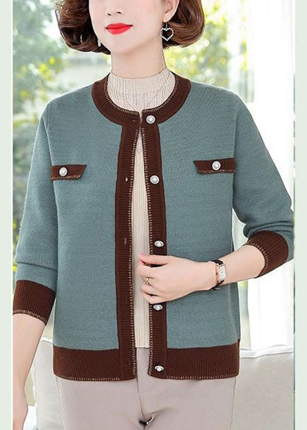 Stylish Orange O-neck Patchwork Pearl Button Knit Jackets Long Sleeve