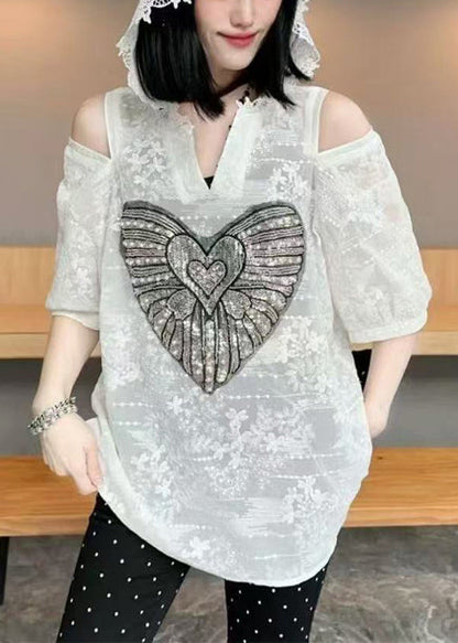 White Cold Shoulder Jacquard Cotton Hoodie Tops Summer