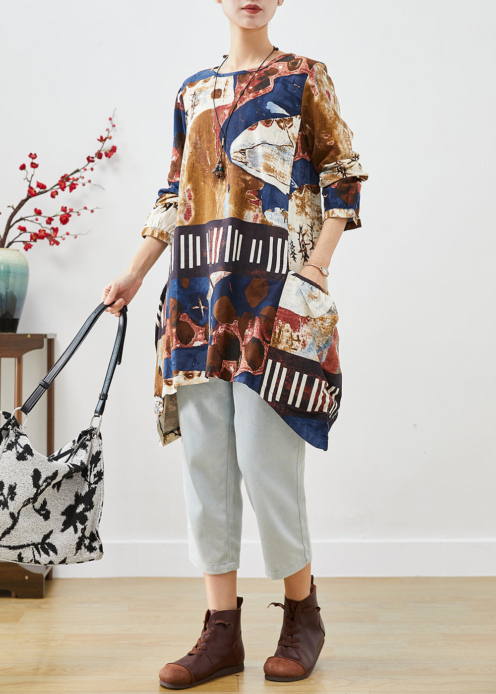 Navy Oversized Tie Dye Cotton Shirt Dress Fall