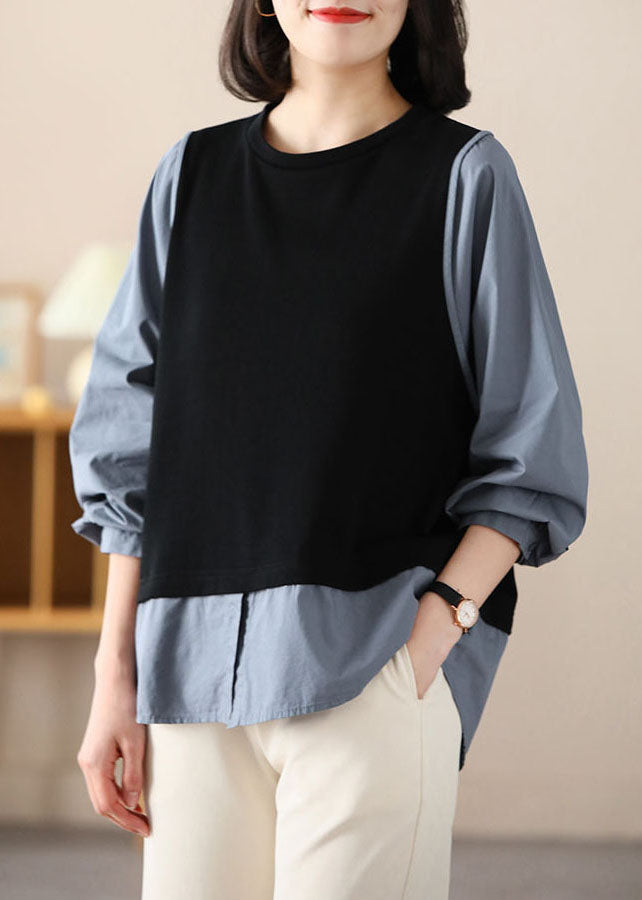 Black Patchwork Cotton Fake Two Piece Top O-neck Spring