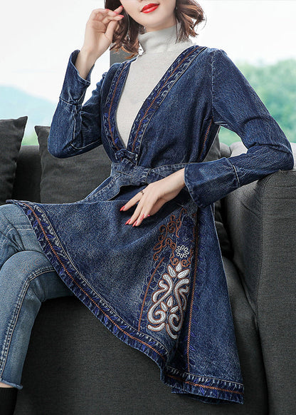 Blue Low High Design V Neck Embroideried Cotton Denim Trench Coats Long Sleeve