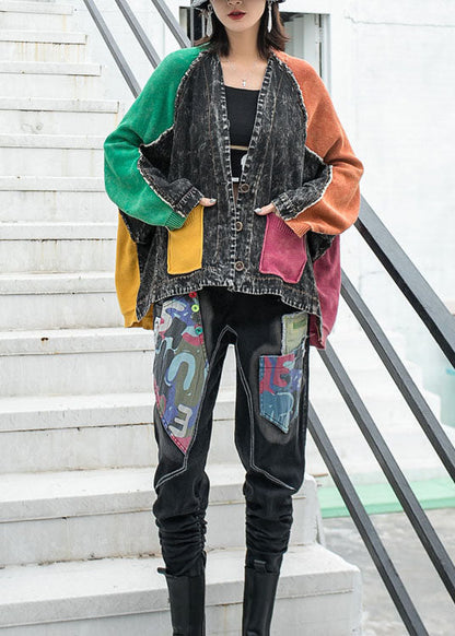Loose Denim Patchwork Knit V Neck Pockets Button Fall Jacket Long Sleeve
