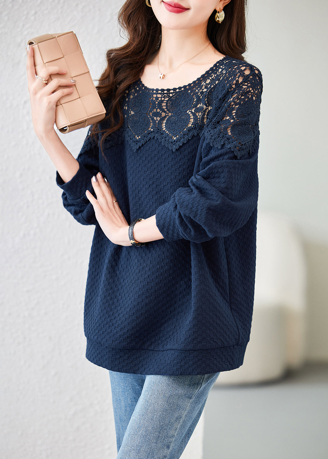 Navy Embroideried Hollow Out Cotton Tops Spring