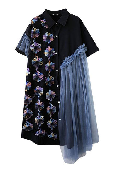 Black Patchwork Tulle Peter Pan Collar Summer Button Dresses Half Sleeve
