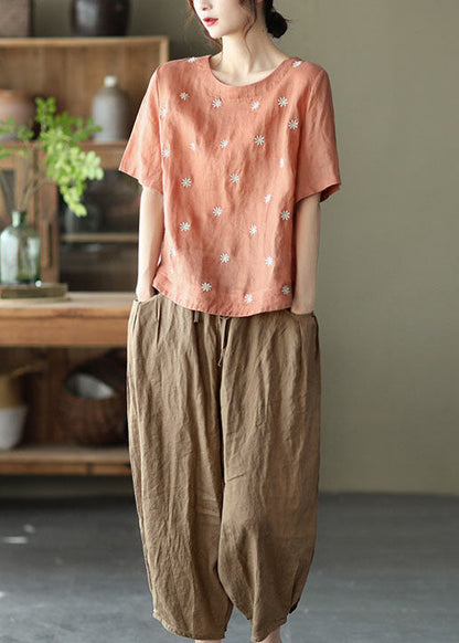 Orange Embroideried Linen Blouses Top Short Sleeve