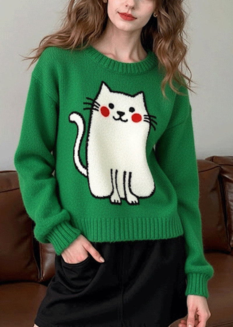 Tea Green Oversized Cat Knit Sweater Tops Winter