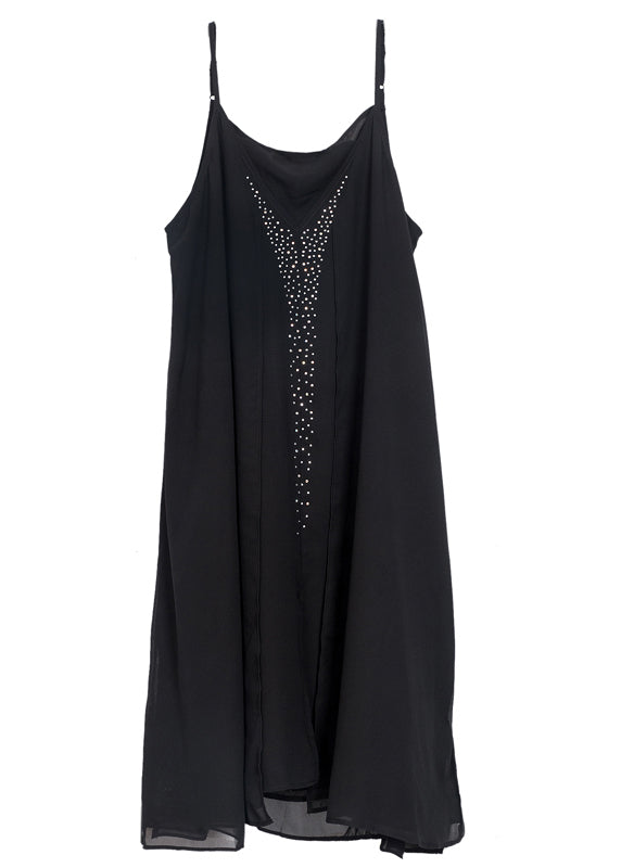 Black Oversized Diamond Chiffon Spaghetti Strap Dress Summer