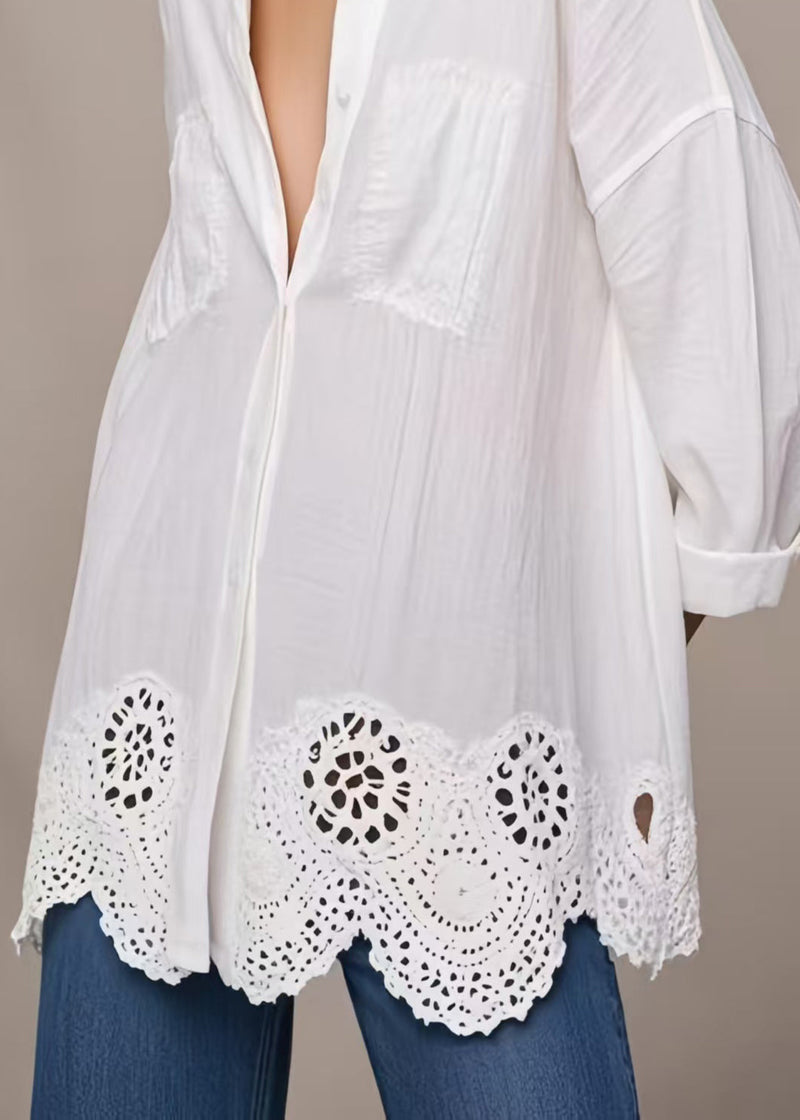 Simple White Oversized Hollow Out Cotton Shirt Top Spring