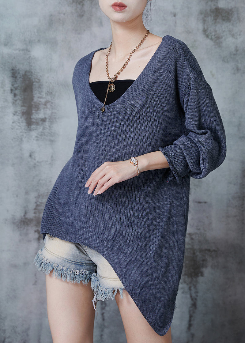Grey V Neck Asymmetrical Design Knit Sweaters Fall