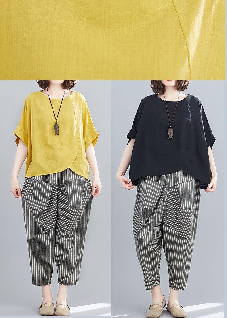 Summer Black Linen Bat Short Sleeve Top + Stripe Nine Point Harlem Pants