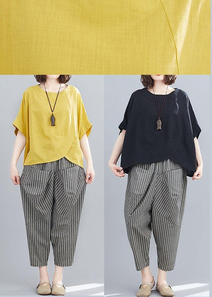 Handmade Yellow O-neck Two-piece Set Summer Cotton Linen