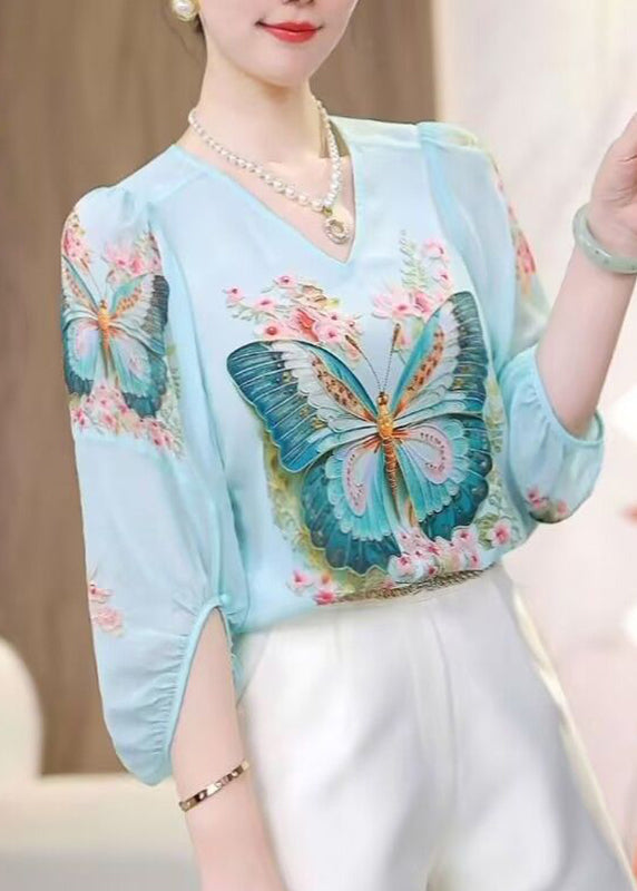 Blue O-neck Butterfly Print Chiffon Shirts Fall