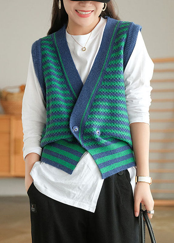 Green Striped Button Fall Knit Sleeveless Waistcoat