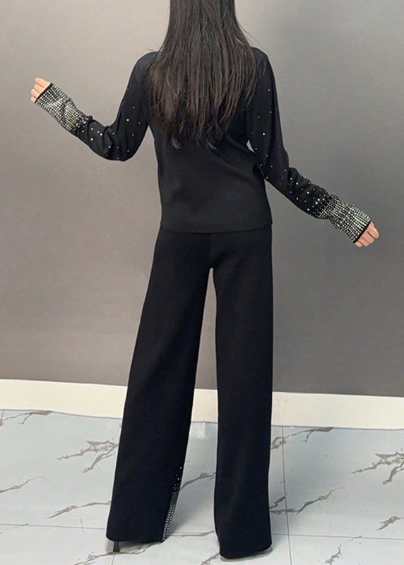 Classy Black V Neck Dot Print Knit Top and Wide Leg Pants Two Pieces Set Spring