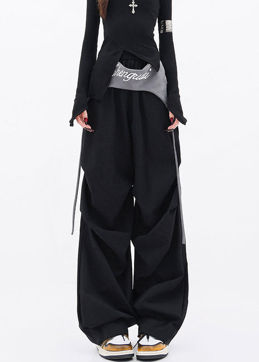 Black Pockets Wrinkled Cotton Wide Leg Pants Fall