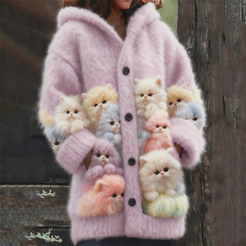 Comstylish Lovely Fuzzy Colorful Cats Cozy Hooded Cardigan