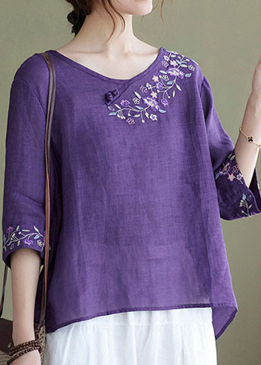 Diy Pink Crane Embroidered Side Open Half Sleeve Top