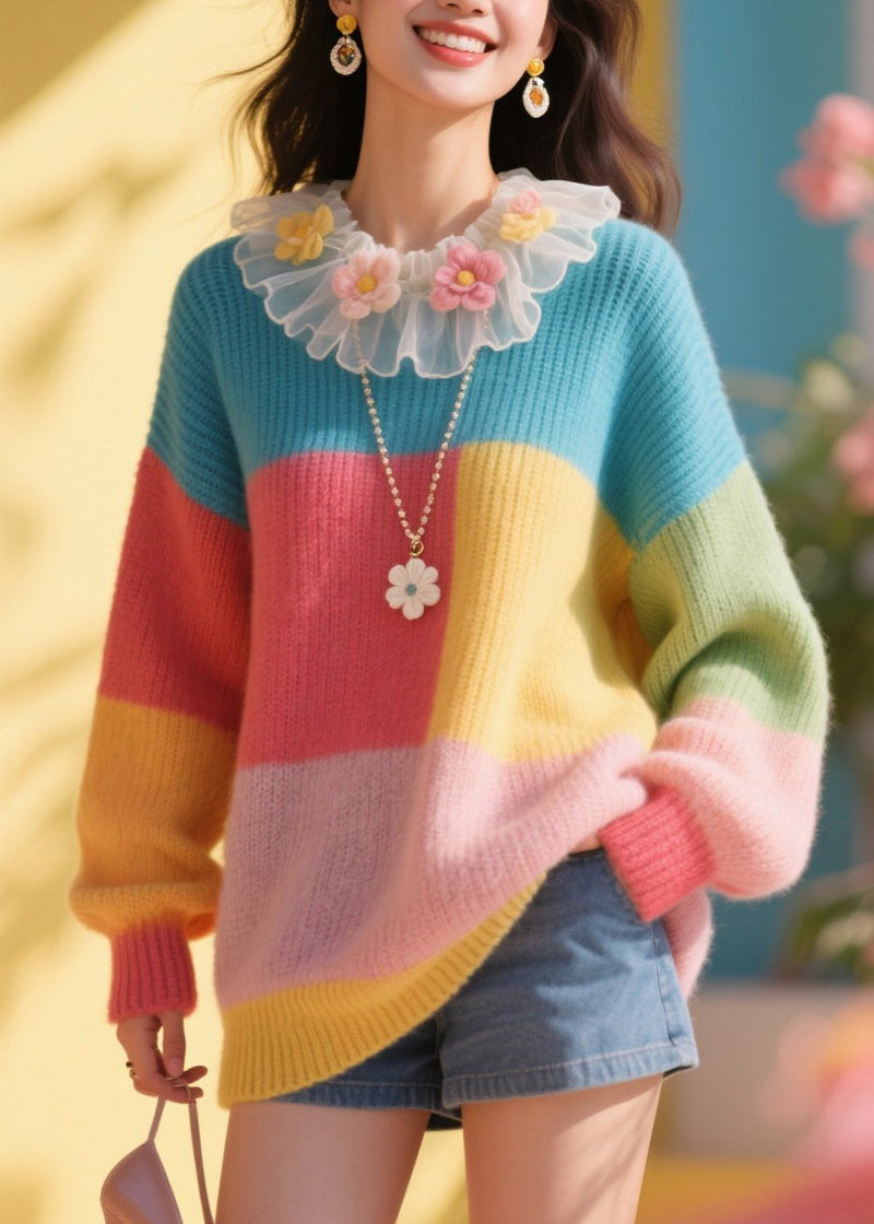Stylish Colorblock Tulle Ruffled Knit Sweater Fall