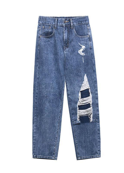 French Blue Cotton Hole Patchwork Jeans Pants