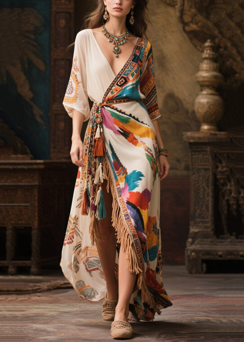 Beige Tasseled Side Open Chiffon Holiday Dress Summer