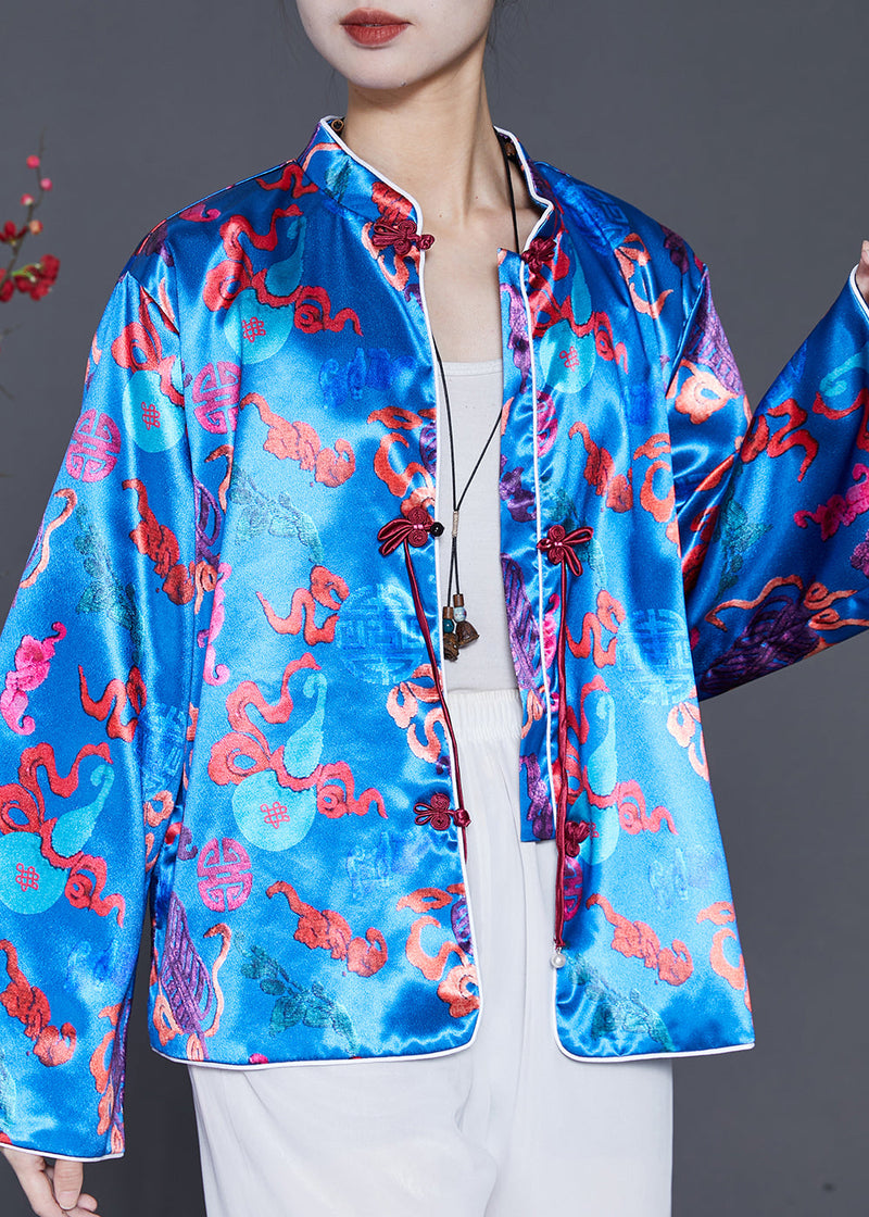 Boutique Blue Tasseled Jacquard Silk Coat Spring