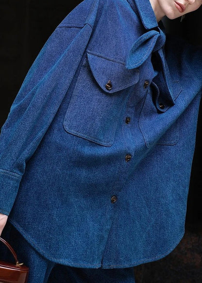 Denim Blue Peter Pan Collar Button Shirt and Pants Two Pieces Set Fall
