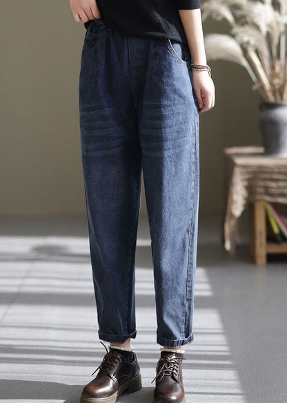 Blue Elastic Waist Pockets Harem Pants Spring