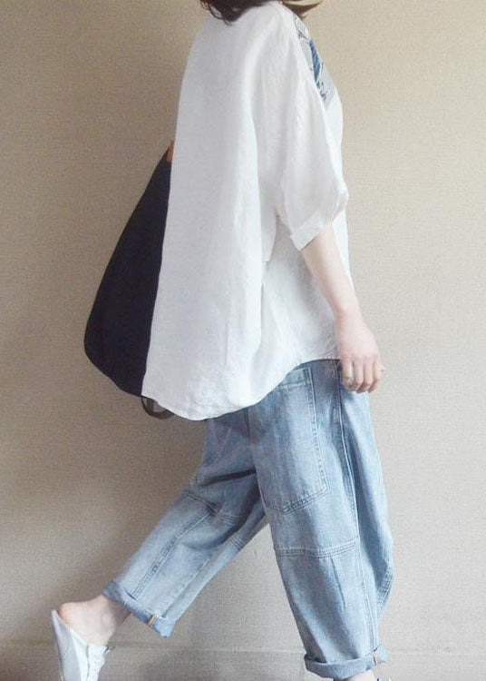 Organic White V Neck Print Asymmetrical Design Fall Half Sleeve Shirt Tops